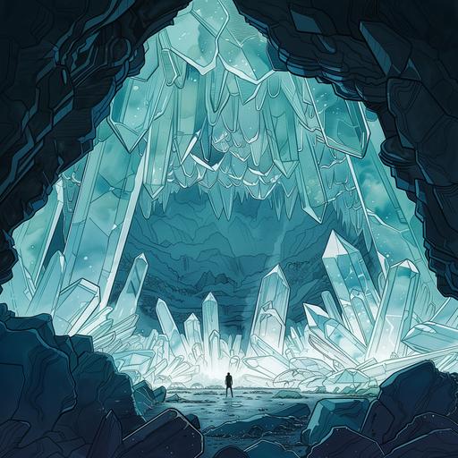 a giant crystal cave; saturated palette; defined inking; hyperrealistic features; expressive, detailed faces; retro-contemporary fusion; graphic novel influence; realistic textures; photographic lighting; dynamic expressions; nuanced character portrayal; deep shadows; luminous highlights; fashion-oriented; symbolic, narrative backgrounds --v 6.0