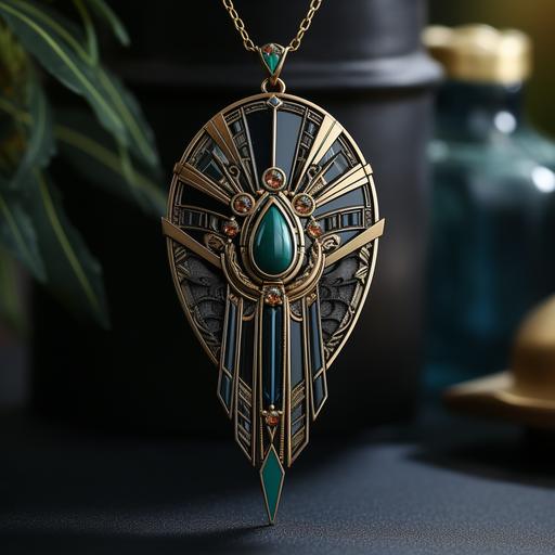 a very minimalistic masterpiece of design and technology. A pendant of an elytra made of matte golden and silvered titanium and decorated with lapislazuli and malachite. Egyptian ceremonial art influences, Art Deco style and minimalistic treatment of lines and proportions. Elegant and breathtaking piece of unique art. strict front view. dark velvet bakground. high resolution, 8k --chaos 33 --s 750 --v 5.2