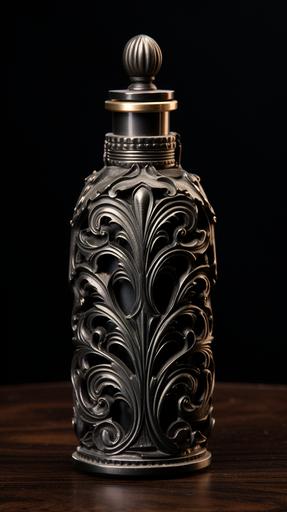 black metal perfume bottle with atomizer textured and embossed --ar 9:16