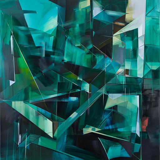 piece at dusky river kunst and contemporary art exhibition, april 2017, in the style of figurative abstraction, tanya shatseva, cubist cityscapes, dark emerald and light cyan, colorful compositions, classical composition, compositional fluidity --v 6.0 --s 50