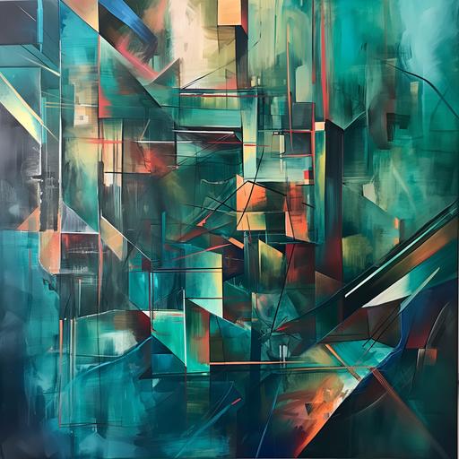 piece at dusky river kunst and contemporary art exhibition, april 2017, in the style of figurative abstraction, tanya shatseva, cubist cityscapes, dark emerald and light cyan, colorful compositions, classical composition, compositional fluidity --v 6.0 --s 50
