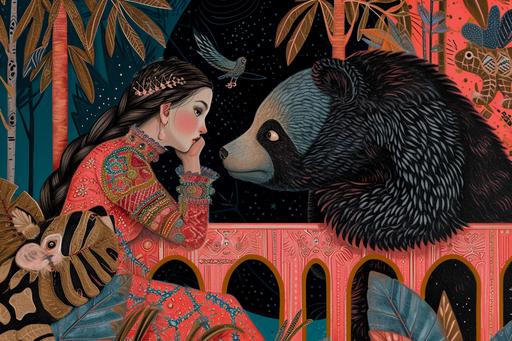 Bond girl with blowing braided hair climbing gate to the Moscow circus with giant animals , dolphins and cats , in the style of chalcedony folk art-inspired isometric , bold patterned quilts, pastel colours, bloomcore, mixes painting and ceramics, precise, detailed architecture paintings, cute and dreamy, illustration by Olivia Gibbs, Francois boucher, Victoria Ball, ugly sweater patchwork --ar 3:2 --v 6.0 --c 33