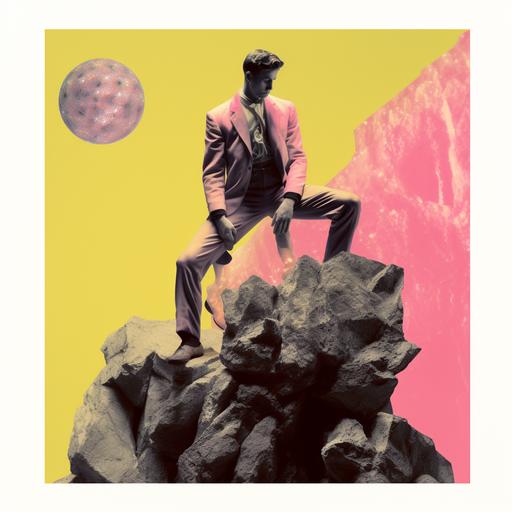 Halftone Reprograph, Drab Butler Climbing a Alien artifact, Rack focus, in the style of Orphism and Peter Hujar, Large Format, Friendly Lighting, Marble Yellow, Pink Gray, Lilac --ar 1:1 --no camera