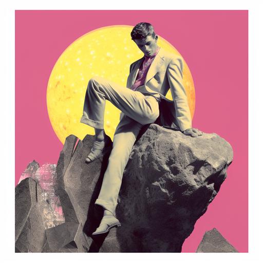 Halftone Reprograph, Drab Butler Climbing a Alien artifact, Rack focus, in the style of Orphism and Peter Hujar, Large Format, Friendly Lighting, Marble Yellow, Pink Gray, Lilac --ar 1:1 --no camera