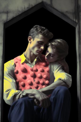 Halftone Reprograph, Drab Butler embracing lovers sorrowly a Alien artifact, Rack focus, in the style of Orphism and Peter Hujar, Large Format, Friendly Lighting, Marble Yellow, Pink Gray, Lilac --ar 2:3 --no camera  --c 33