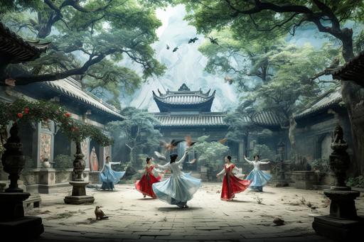 Jiangshi palace courtyard garden sumi-e , david hamilton photography , ballerinas --v 5.2  --c 20 --ar 3:2