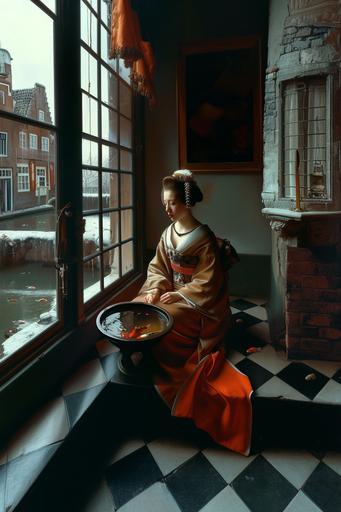 Traditional Japanese Geisha wearing opulent Kimono Japanese costume, sitting on tatami, next to a bowl of goldfish in Dutch interiror thunderground, with window on the left, and checkered tile floor, , masterpice painting by Vermeer --ar 2:3 --style raw --sref  --stylize 250 --v 6.0