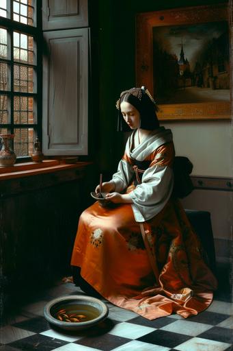 Traditional Japanese Geisha wearing opulent Kimono Japanese costume, sitting on tatami, next to a bowl of goldfish in Dutch interiror thunderground, with window on the left, and checkered tile floor, , masterpice painting by Vermeer --ar 2:3 --style raw --sref  --stylize 250 --v 6.0