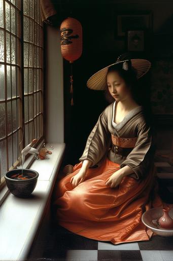 Traditional Japanese Geisha wearing opulent Kimono Japanese costume, sitting on tatami, next to a bowl of goldfish in Dutch interiror thunderground, with window on the left, and checkered tile floor, , masterpice painting by Vermeer --ar 2:3 --style raw --sref  --stylize 200 --v 6.0  --c 39