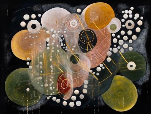 beautiful fine art, gold leaf string beans, abstract, orchads phaelenopsis, interlaced convolution matrix code tracers with tornadic scan lines by Jack Whitten, art by Hilma af Klint  --ar 53:40 --v 5.0 --s 50 --iw .50 --c 50 --w 50