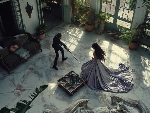 fashion photography of glamorous supermodel , young and beautiful , sword fighting in a bento box, silky lavender evening gown, drone view, floor plan, photographed by Slim aarons, Helmut newton, Romina ressia, Ori Gherst, H.r. Giger. , nate berkus interior --s 50 --ar 4:3 --v 6.0  --c 44 --no black