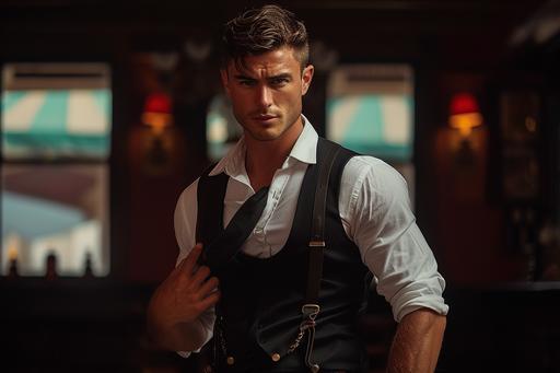 handsome male security guard, australian, urban underground photography, nightclub, 1920s Bondi, Scotland Yard, white shirt, dark body armour, rough and ready --ar 3:2 --v 6.0 --s 250