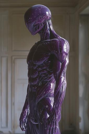 marvel superhero purple tulip man, in style of Gunther von Hagens body world, Versace, H.R Giger --ar 2:3 --v 6.0 --style raw --s 250