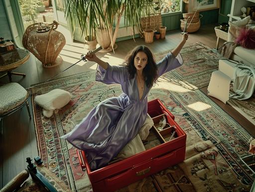 photography of glamorous supermodel , young and beautiful , sword fighting in a bento box, silky lavender evening gown, drone view, floor plan, photographed by Slim aarons, Helmut newton, Romina ressia, Ori Gherst, H.r. Giger. , nate berkus interior --s 50 --ar 4:3 --v 6.0  --c 44 --no black