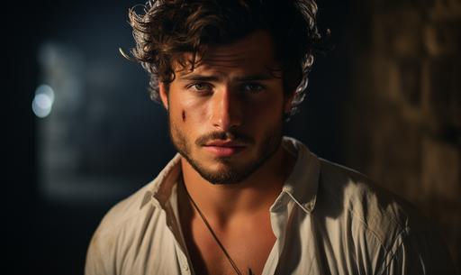 portrait of a good looking French male model in his 20's with focus and lighting on his extremely beautiful grey eyes, fully unbuttoned shirt, lean, dystopian world, standing at Roman Collisium charybdis --ar 5:3 --s 250 --style raw