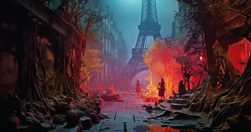 world war 2 , midnight in streets of paris rubbles and embers, Meet me at midnight Starin' at the skulls with you I feel (I feel) the lavender haze creepin' up on me , photography by annie leibovitz, Slim Aarons, H.r. Giger brilliant candycore decorated son doong with luscious mouth-watering colors and traces of goetic elves abound --ar 17:9