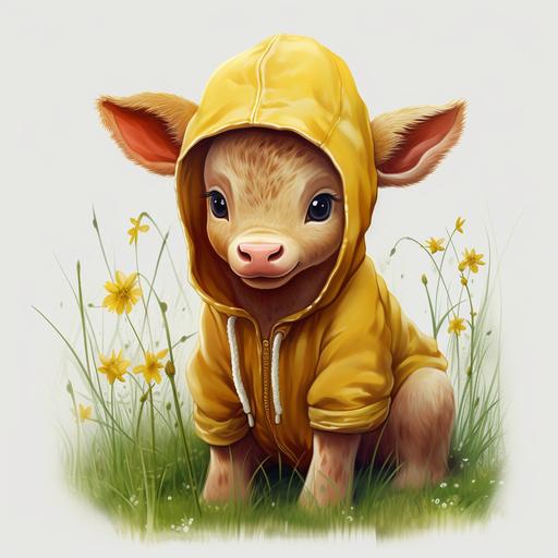 nice, cute, brown calf, wearing a yellow hoodie, playing in the green lawn, realistic image