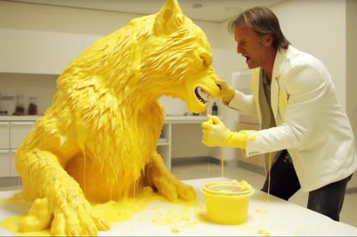 nicholas cage tackles guy in a butter sculpture wolf cosplay --c 100 --s 1000 --ar 3:2 --q 2 --v 5.1