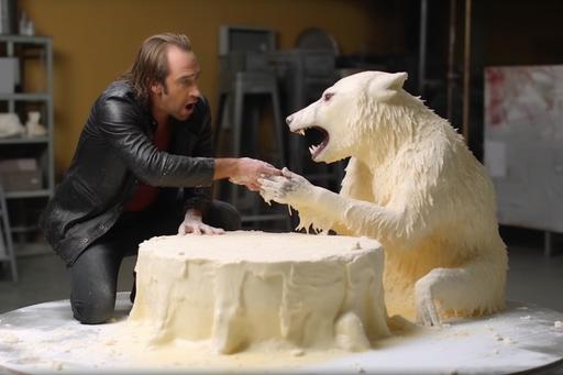 nicholas cage tackles guy in a butter sculpture wolf cosplay --c 100 --s 1000 --ar 3:2 --q 2 --v 5.1