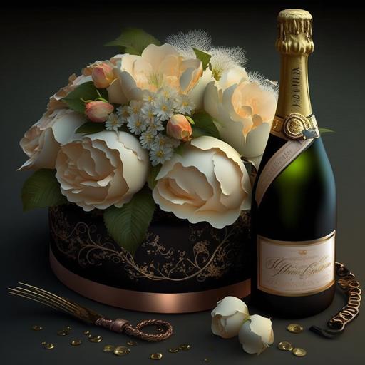 flowers happy birthday cake champagne