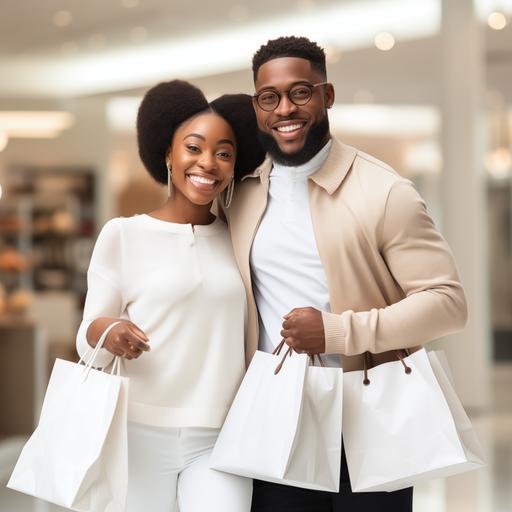 nigerian couple nicely dressed holding shopping bags in the mall, white tshirt outfits, isolated background