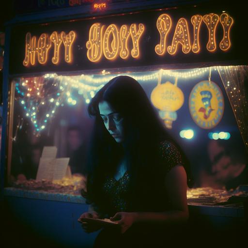 night, dark, carnival, fair, vendor,street, psychic, neon light, glowing sign, long black hair, psychic reading, tarot reader, fortune teller machine, neon sign, ouija board, palm reader, witch woman,witch, vision, vogel, black hair, gold sequins, panther, Kodachrome, vintage, cave, 70's movie style, 35mm film quality, realistic, hyper-realistic, photorealistic, Studio Lighting, reflections, dynamic pose, Cinematic, Color Grading, Photography, Shot on 50mm lens, Ultra-Wide Angle, Depth of Field, hyper-detailed, Kodachrome film