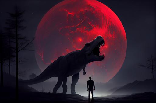 night, full moon, a man that is standing in front of a T-Rex dinosaur, concept art, flickr contest winner, conceptual art, glowing red laser eyes, --no carnival glass --ar 3:2 --upbeta --v 4