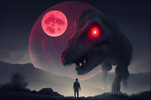 night, full moon, a man that is standing in front of a T-Rex dinosaur, concept art, flickr contest winner, conceptual art, glowing red laser eyes, --no carnival glass --ar 3:2 --upbeta --v 4