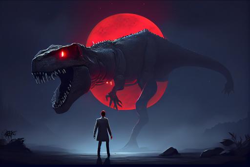 night, full moon, a man that is standing in front of a T-Rex dinosaur, concept art, flickr contest winner, conceptual art, glowing red laser eyes, --no carnival glass --ar 3:2 --upbeta --v 4