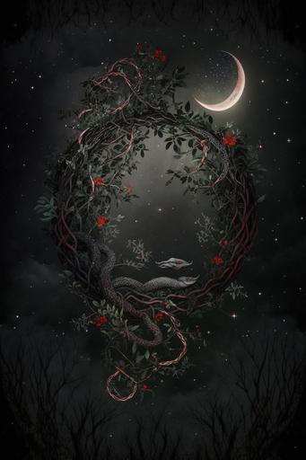 night sky background, interwoven herbs, a snake, red berries. 30% negative space in centre. Dark mystical atmosphere. --ar 10:15