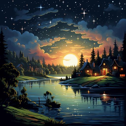 night, stars, shooting star, lake, village, cartoon style