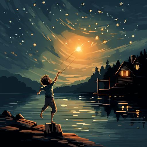 night, stars, shooting star, lake, village, cartoon style, a boy jumping and catching the star