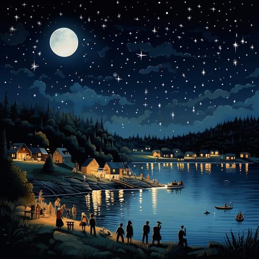 night, stars, shooting star, lake, village, cartoon style, moon, crowd
