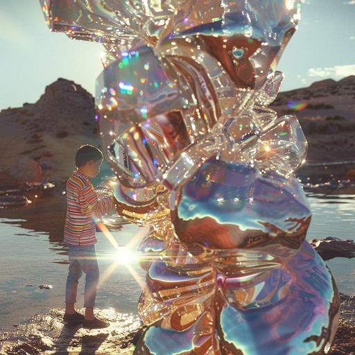 night time photography, wearing striped t shirt dusk by a lake 1980s retro kids wearing striped t shirts and jeans finding organic colorful glass blob shape and covered in a cluster of amazing glass polyhedron shapes clusters, with swirling splash abstract tubes, in a desert landscape, lens flare, glass shiny reflective iridescent translucent transparent materials, photography, abstract transparent translucent swirling, amazing ultra realistic ectoplasm, tentacles, elongated body, oozing ultraviolet foamy liquid, weird foam floating, eerie, deep depth of field, Exposure triangle, thick hazy misty medium, poltergeist, insane detailed, in a desert canyon landscape, symbol , full body resolution, high facial resolution, dramatic camera work, lighting effects, polaroid photograph, cinematic lighting, ultra detail, ultra high sensitive action camera, 8k resolution, cinematic photography, symbol, realistic lighting, cinematic lighting, redshift c4d octane render, symbol --v 6.0