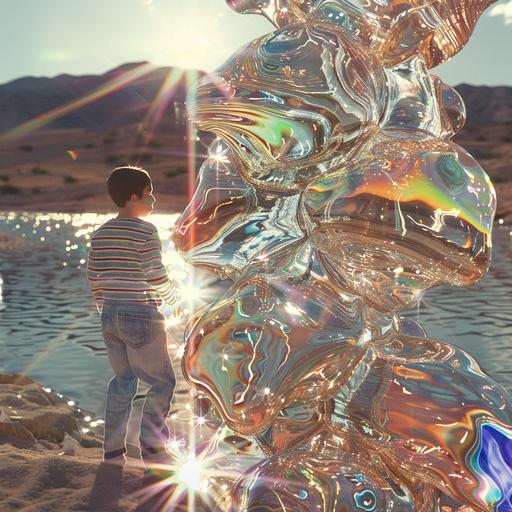 night time photography, wearing striped t shirt dusk by a lake 1980s retro kids wearing striped t shirts and jeans finding organic colorful glass blob shape and covered in a cluster of amazing glass polyhedron shapes clusters, with swirling splash abstract tubes, in a desert landscape, lens flare, glass shiny reflective iridescent translucent transparent materials, photography, abstract transparent translucent swirling, amazing ultra realistic ectoplasm, tentacles, elongated body, oozing ultraviolet foamy liquid, weird foam floating, eerie, deep depth of field, Exposure triangle, thick hazy misty medium, poltergeist, insane detailed, in a desert canyon landscape, symbol , full body resolution, high facial resolution, dramatic camera work, lighting effects, polaroid photograph, cinematic lighting, ultra detail, ultra high sensitive action camera, 8k resolution, cinematic photography, symbol, realistic lighting, cinematic lighting, redshift c4d octane render, symbol --v 6.0