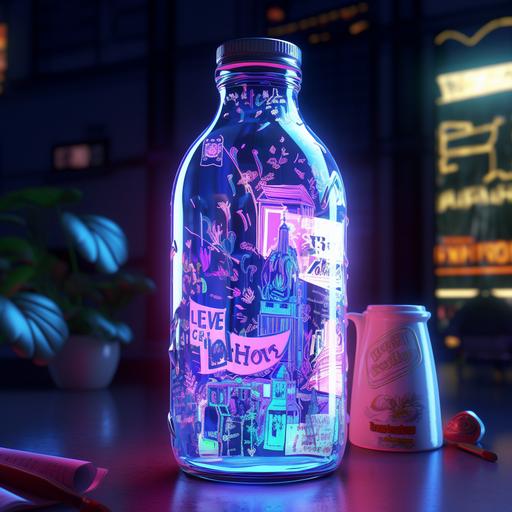 nightcore 2L milk bottle, stunning neon visual milk labeling --s 50