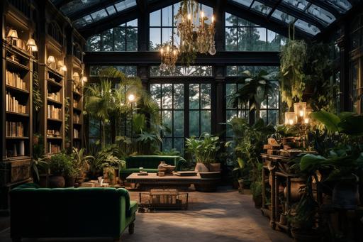 nighttime in the most epic grand beautiful greenhouse with shelves of expensive indoor plants, monstera borsigiana variegated, grow lights, 16K, HD, sharp focus, attention to details, Nate berkus interior, luxury --ar 3:2 --q 5
