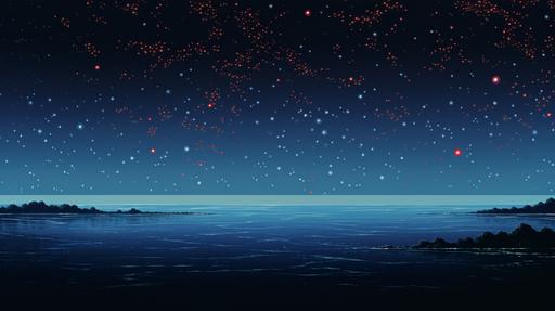 nighttime on the ocean, hasui kawase style, a sea of stars, dark blue, red galactic haze in the background, --ar 16:9 --c 10 --v 5.2