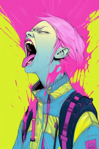 niji | by mierlu::0 ,  anachronistic geoglyphic punk woman contemptuous anger, she spits a lot of smoke out of her wide-open mouth, drawing, outlines, scribble, graphic blue and pink facial tattoos, yellow background, pink smoke, Conrad Roset, synthwave style, cyberpunk art, geoglyphpunk, space art, pop surrealism --ar 2:3 --niji --style 2VgbGayqaqALI0piGmRWKGyabjuDusEgx4p04NPlyh-ijOcB7mGp2u224aqCVYw97Lz --no cigarette