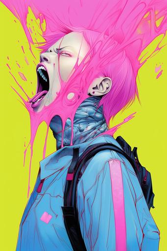 niji | by mierlu::0 ,  anachronistic geoglyphic punk woman contemptuous anger, she spits a lot of smoke out of her wide-open mouth, drawing, outlines, scribble, graphic blue and pink facial tattoos, yellow background, pink smoke, Conrad Roset, synthwave style, cyberpunk art, geoglyphpunk, space art, pop surrealism --ar 2:3 --niji --style 2VgbGayqaqALI0piGmRWKGyabjuDusEgx4p04NPlyh-ijOcB7mGp2u224aqCVYw97Lz --no cigarette