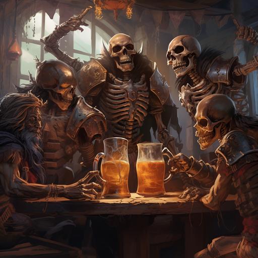 a group of skeleton warriors drinking at a tavern, fantasy art