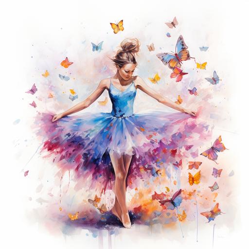 niña bailarina de ballet en un escenario de fondo blanco, con salpcasdas de acuarela con colore, rosado, fuscia,azul y amarillos y mariposas de colores vivos