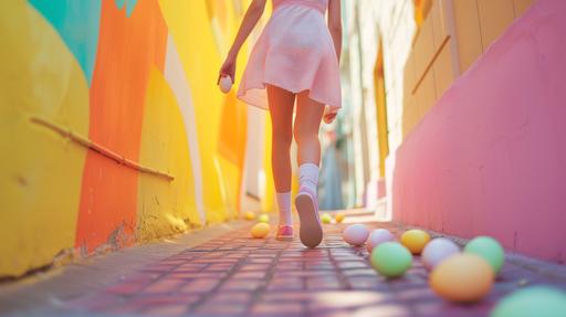 nina corriendo por la calle recogiendo huevos de pascua, pastel colors, minimal style, highly detailed photo, --ar 16:9 --v 6.0