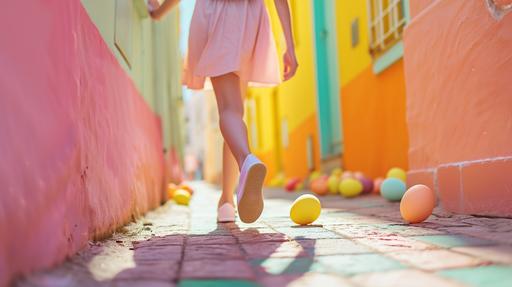 nina corriendo por la calle recogiendo huevos de pascua, pastel colors, minimal style, highly detailed photo, --ar 16:9 --v 6.0