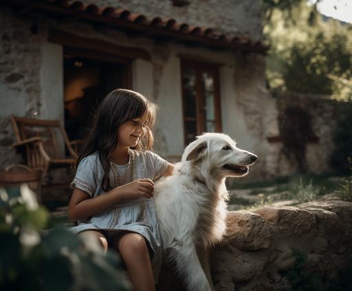 niña sonriente jugando con un perro mastin de pirineos en una casa de campo bonita de dia y con mucha luz Cinematic, Photoshoot, Shot on 25mm lens, Depth of Field, Tilt Blur, Shutter Speed 1/1000, F/22, White Balance, 32k, Super-Resolution, Pro Photo RGB, Half rear Lighting, Backlight, Dramatic Lighting, Incandescent, Soft Lighting, Volumetric, Conte-Jour, Global Illumination, Screen Space Global Illumination, Scattering, Shadows, Rough, Shimmering, Lumen Reflections, Screen Space Reflections, Diffraction Grading, Chromatic Aberration, GB Displacement, Scan Lines, Ambient Occlusion, Anti-Aliasing, FKAA, TXAA, RTX, SSAO, OpenGL-Shader’s, Post Processing, Post-Production, Cell Shading, Tone Mapping, CGI, VFX, SFX, insanely detailed and intricate, hyper maximalist, elegant, dynamic pose, photography, volumetric, ultra-detailed, intricate details, super detailed, ambient --v 5 --q 2 --ar 6:5