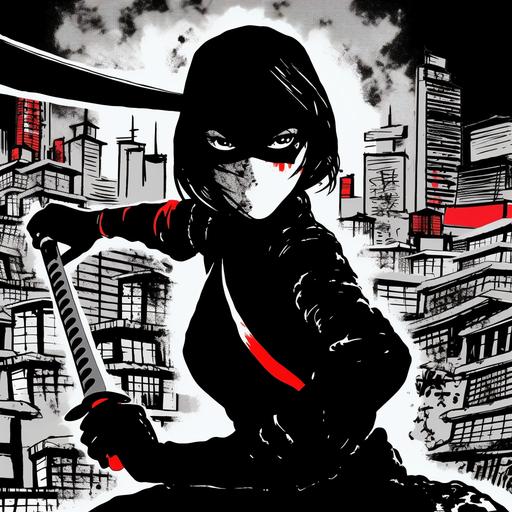 ninja girl in the style of Frank Miller, sin city evil, goth, kuwaii, Japanese, Babymetal black red white --v 5