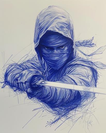 ninja warrior, Simple drawing with blue ballpoint pen strokes. --ar 4:5 --s 250 --v 6.0