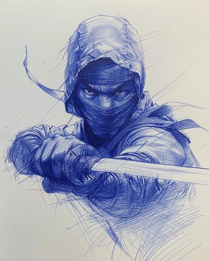 ninja warrior, Simple drawing with blue ballpoint pen strokes. --ar 4:5 --s 250 --v 6.0