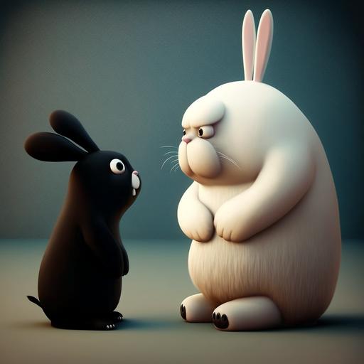 black rabbit getting rejected by his white rabbit mom,2D cartoone style