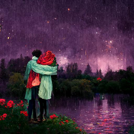 tall slim guy and short cute girl, hugging, gazebo, heavy rains, starry night, green lake, bone fire, purple roses, silver clouds, red scarf